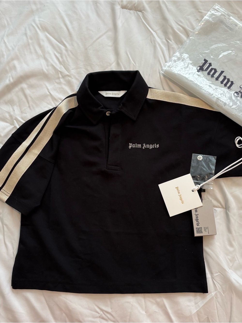 Palm Angels Black Polo with Ivory Shoulder Stripe